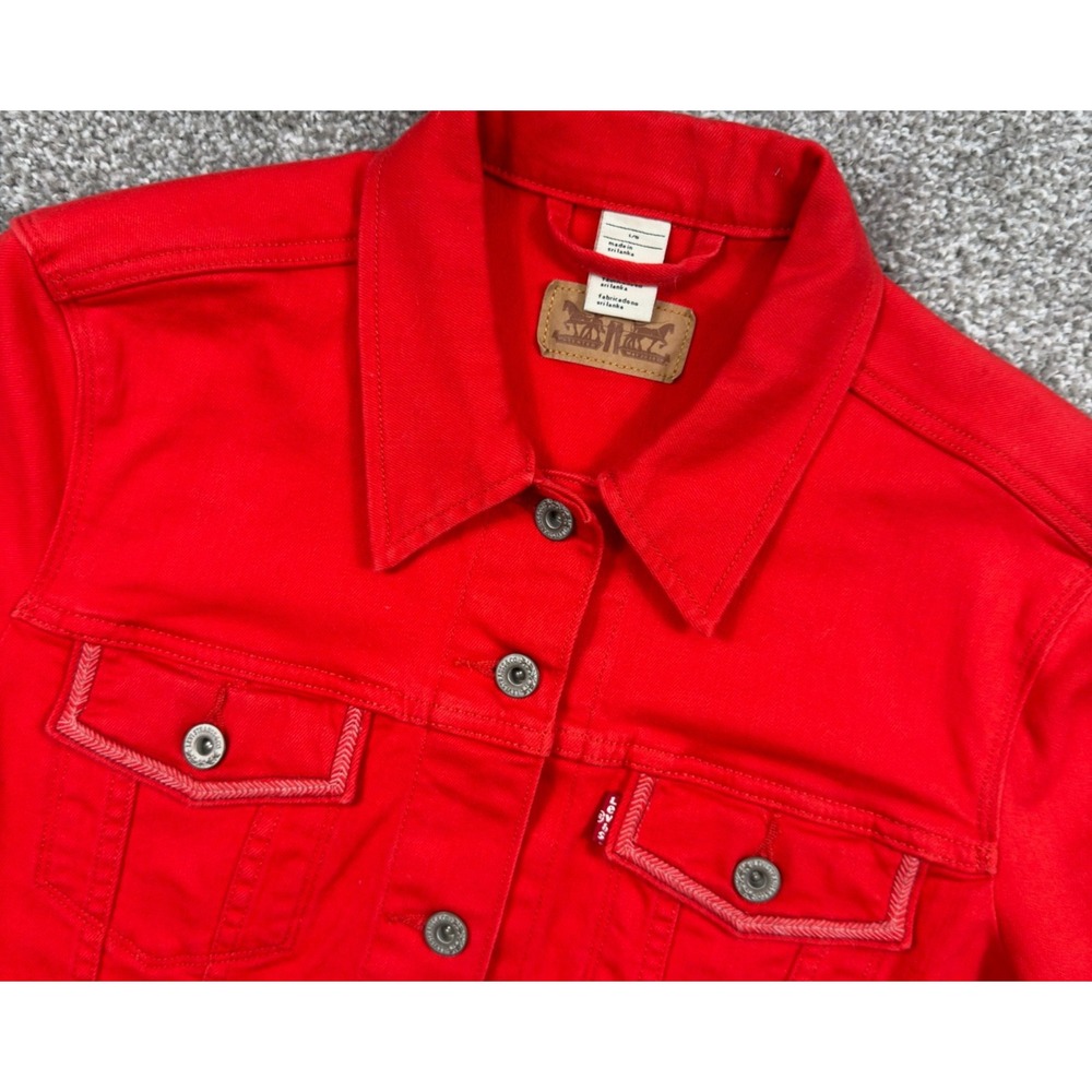 Levi's Womens L Trucker Jacket Ruby Red Wash Stretch Denim Jean Western NWT